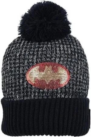 Batman Bommelmütze Spider-Man Strickmützte Winter-Mütze Bommel Logo aus Pailletten grau 52
