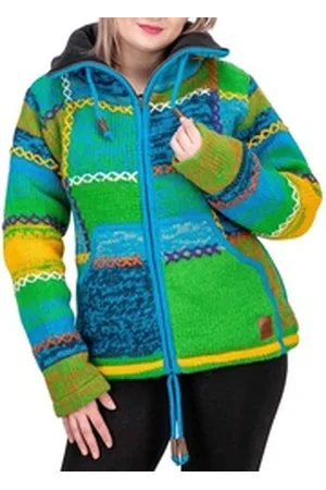 Kunst und Magie Strickjacke Damen Strickjacke Wolle Bunte Patchwork Jacke+Fleecefutter&Hochkragen S