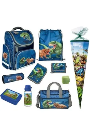 UNDERCOVER Familando Schulranzen Clou (Set, 10-tlg., inkl. Sporttasche und Schultüte / Zuckertüte 85cm), DINOSAURIER T-Rex Dino blau