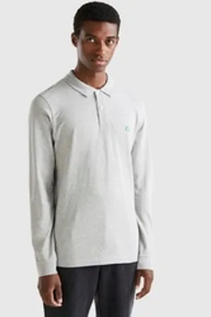 Benetton United Colors of Langarm-Poloshirt mit seitlichen, kleinen Schlitzen grau XL