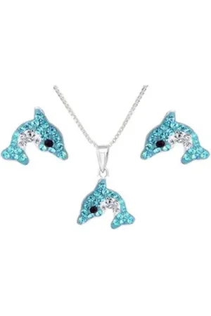 schmuck23 Paar Ohrstecker Kinder Ohrringe Anhänger Kette Delfin 925 Silber Mädchen Schmuckset, Mädchen Kinderschmuck echte Silberohrringe blau|silberfarben