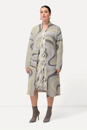 Ulla Popken Langjacke Long-Strickjacke Jacquard-Strickmuster offene Form grau 42/44