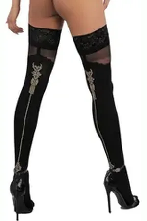 LivCo Corsetti Halterlose Strümpfe Halterlose Straps-Strümpfe mit Muster und Spitze - schwarz, gold schwarz S