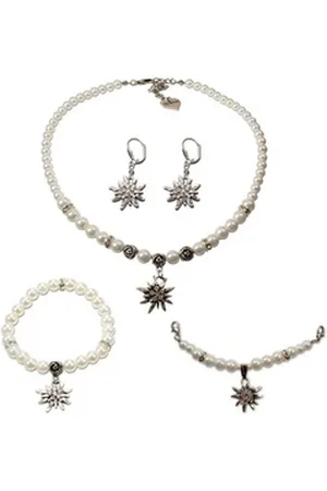 Alpenflüstern Ketten-Set Trachtenschmuck-Set Perlen-Trachtenkette, Armband, Charivari und Ohrhänger Strass-Edelweiß (creme-weiß), - Damen-Trachten-Schmuck, Trachtenset