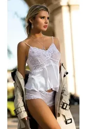 DKaren Pyjama Stilvolles, zweiteiliges Nachtwäsche-Set Damen, Spitze Satin-Optik weiß XL