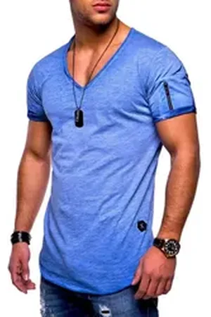 Soul Star T-Shirt BHKNINW Herren Basic Kurzarm V-Neck Oversized Shirt V-Ausschnitt Zipper blau XXL