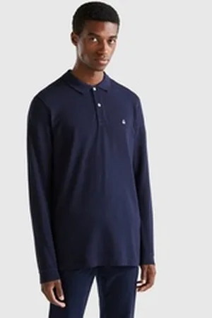 Benetton United Colors of Langarm-Poloshirt mit seitlichen, kleinen Schlitzen blau S