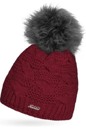 Neverless Bommelmütze Damen Strick-Mütze Winter Grobstrick Gefüttert Fleece Fell-Bommel Kuns rot