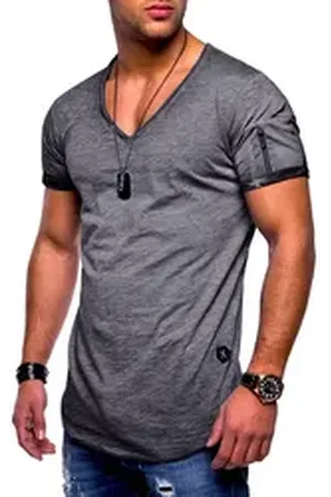Soul Star T-Shirt BHKNINW Herren Basic Kurzarm V-Neck Oversized Shirt V-Ausschnitt Zipper grau XXL