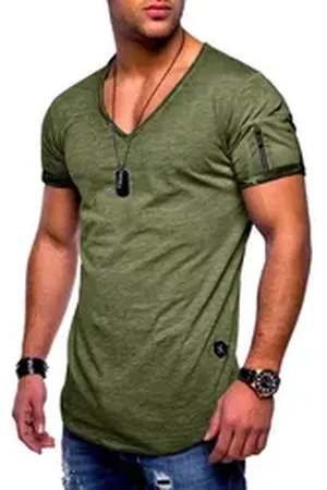 Soul Star T-Shirt BHKNINW Herren Basic Kurzarm V-Neck Oversized Shirt V-Ausschnitt Zipper grün XL
