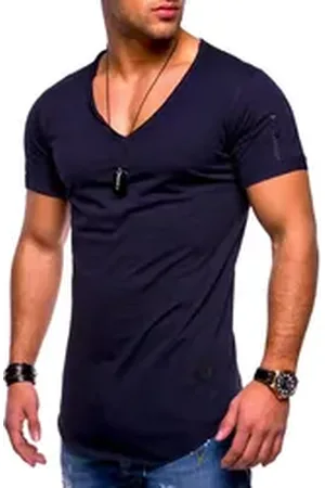 Soul Star T-Shirt BHKNINB Herren Basic Kurzarm V-Neck Oversized Shirt V-Ausschnitt Zipper blau L