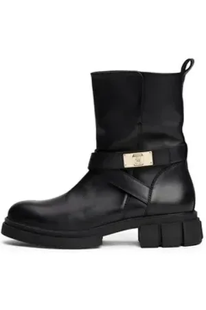 Tommy Hilfiger BIKER LEATHER Bikerboots, Blockabsatz, Stiefelette, Boots mit goldfarbenem Schmuckelement schwarz 39 EU