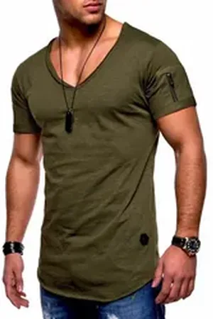 Soul Star T-Shirt BHKNINB Herren Basic Kurzarm V-Neck Oversized Shirt V-Ausschnitt Zipper grün 3XL