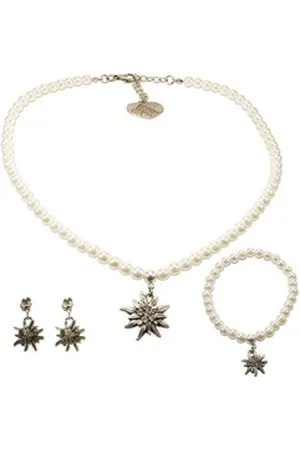 Alpenflüstern Ketten-Set Trachtenschmuck-Set Perlen-Trachtenkette, Trachten-Armband und Trachten-Ohrhänger Strass-Edelweiss (creme-weiß), - Damen-Trachten-Schmuck, Trachtenset Kette, Armkette und Ohrringe