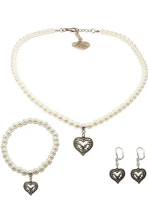 Alpenflüstern Ketten-Set Trachtenschmuck-Set Perlen-Trachtenkette, Trachten-Armband und Trachten-Ohrhänger Strassherz-Hirsch (creme-weiß), - Damen-Trachten-Schmuck, Trachtenset