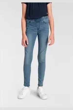 Kidsworld Jeansjeggings, Stetch-Jeans mit schmalem Bein schmale Beinform, mit Gummizug, lang, mit aufgesetzten Taschen blau 104