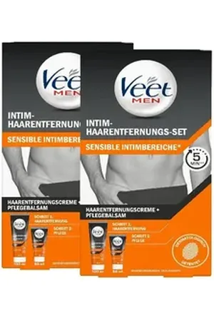 Veet MEN Enthaarungscreme (2 x 100ml) mit Spatel + Pflegebalsam (2 x 50 ml), Spar-Pack, 4 St., speziell für die Anwendung im sensiblen Intimbereich