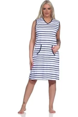 Normann Nachthemd Damen Achselträger Nachthemd Strandkleid in maritimer Streifenoptik blau 32-34