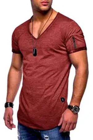 Soul Star T-Shirt BHKNINW Herren Basic Kurzarm V-Neck Oversized Shirt V-Ausschnitt Zipper rot L