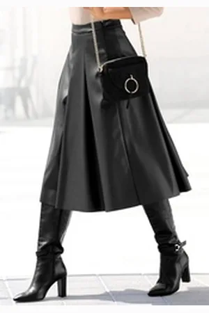 Lascana Lederimitatrock in Midilänge, hochgeschnittener Faltenrock, casual-chic schwarz 40