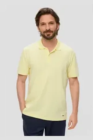 QS by s.Oliver BLACK LABEL Kurzarmshirt Poloshirt aus Viskosemix Logo gelb XL