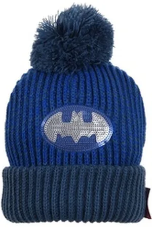 Batman Bommelmütze Spider-Man Strickmützte Winter-Mütze Bommel Logo aus Pailletten blau 52