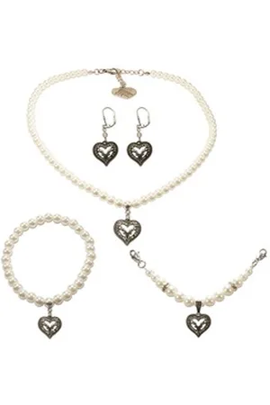 Alpenflüstern Ketten-Set Trachtenschmuck-Set Perlen-Trachtenkette, Trachten-Armband, Charivari und Trachten-Ohrhänger Strassherz-Hirsch (creme-weiß), - Damen-Trachten-Schmuck, Trachtenset