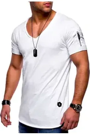 Soul Star T-Shirt BHKNINB Herren Basic Kurzarm V-Neck Oversized Shirt V-Ausschnitt Zipper weiß S