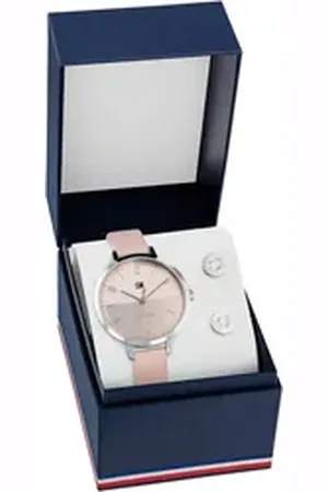 Tommy Hilfiger Quarzuhr 2770187, (Set, 3-tlg., mit 1 Paar Ohrstecker), Armbanduhr, Damenuhr, Lederarmband, ideal auch als Geschenk, analog rosa