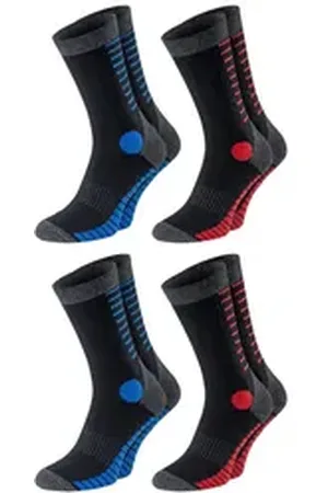 Chili Lifestyle Wandersocken HIKE Funktionssocken Trekking Wandern für Herren aus Baumwolle (Multipack, 4-Paar, 2 Farbdesigns) Weichbund ohne Gummidruck blau|bunt|rot