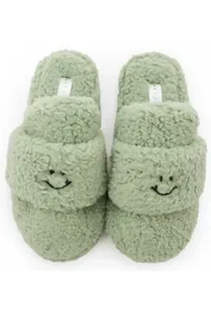 Lara Lauren Warme Kuschelslipper Plüsch Hausschuhe gemütliche Pantoletten mit Smiley-Stitching grün 36/37