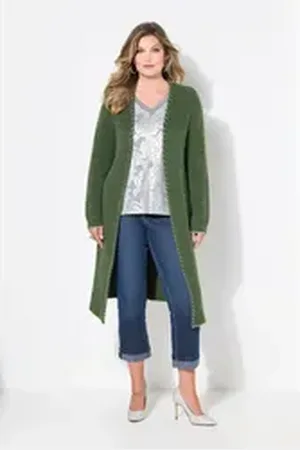 Miamoda Strickjacke Strickjacke extra lang Ausschnitt mit Zierstich grün 46/48
