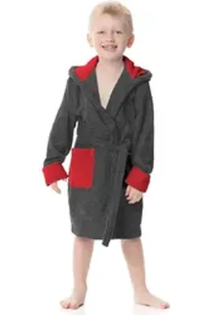 Ladeheid Bademantel Kinder Frottee Bademantel aus 100% Baumwolle LA40-103, Langform, Baumwolle, Kapuze, elastischer Bund grau|rot 110-116