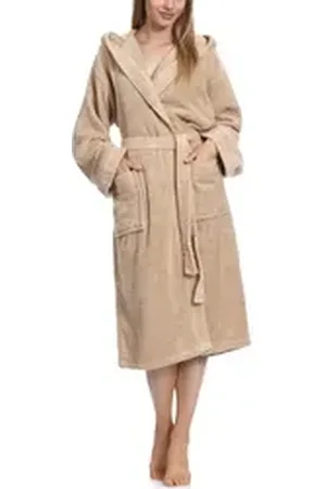 Ladeheid Bademantel Damen Frottee Bademantel aus 100% Baumwolle LA40-102, Langform, Baumwolle, Kapuze beige|braun XL