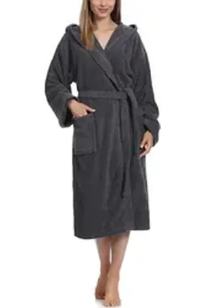 Ladeheid Bademantel Damen Frottee Bademantel aus 100% Baumwolle LA40-102, Langform, Baumwolle, Kapuze grau L