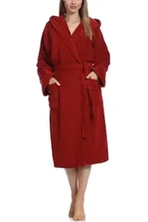 Ladeheid Bademantel Damen Frottee Bademantel aus 100% Baumwolle LA40-102, Langform, Baumwolle, Kapuze, elastischer Bund rot M