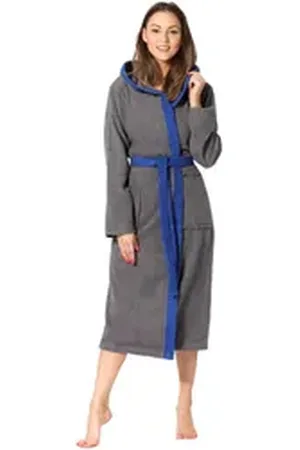 Ladeheid Bademantel Damen Frottee Bademantel aus 100% Baumwolle LA40-191, Langform, Baumwolle, Kapuze blau|grau XL