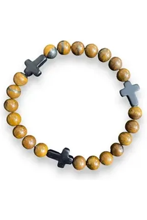 Aaron Bane Perlenarmband Tigerauge Edelstein Armband 3 schwarze Kreuze 21 Perlen (1-tlg)