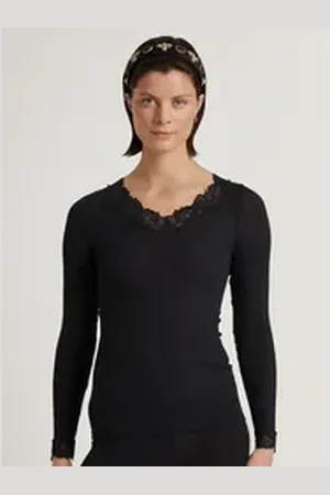 Calida Langarmshirt Silky Wool Joy mit Spitze an Ausschnitt und Bündchen schwarz M (44/46)