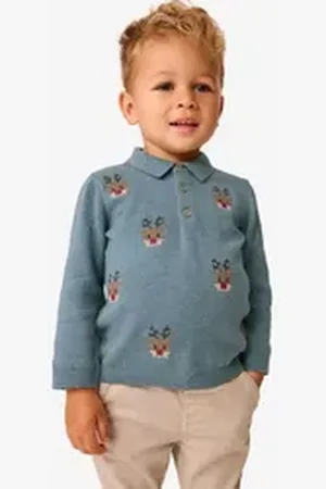 Next Langarm-Poloshirt Langärmeliges Poloshirt mit Weihnachtsmotiv (1-tlg) blau 86-92 (1,5-2 J,)