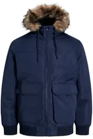 JACK & JONES Bomberjacke JJCONSTRUCT FAUX FUR BOMBER Kapuze mit abnehmbarem Kunstfell-Rand blau M