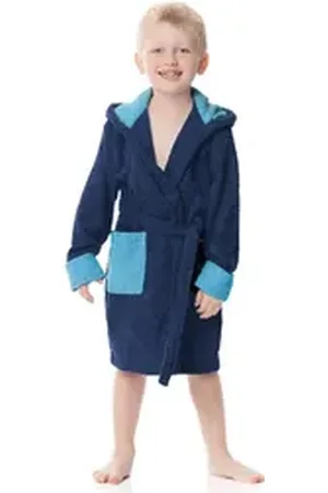 Ladeheid Bademantel Kinder Frottee Bademantel aus 100% Baumwolle LA40-103, Langform, Baumwolle, Kapuze, elastischer Bund blau 134-140