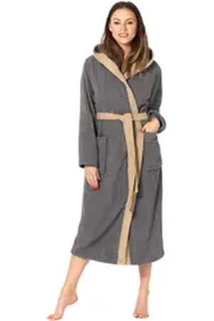 Ladeheid Bademantel Damen Frottee Bademantel aus 100% Baumwolle LA40-191, Langform, Baumwolle, Kapuze beige|grau XL