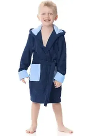 Ladeheid Bademantel Kinder Frottee Bademantel aus 100% Baumwolle LA40-103, Langform, Baumwolle, Kapuze, elastischer Bund blau 122-128