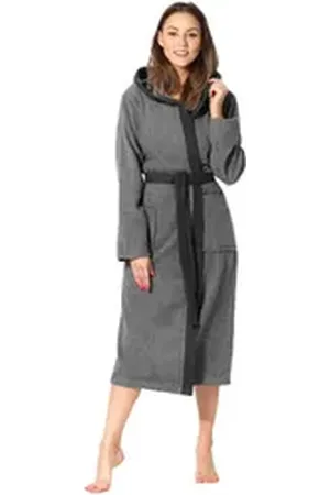 Ladeheid Bademantel Damen Frottee Bademantel aus 100% Baumwolle LA40-191, Langform, Baumwolle, Kapuze grau|schwarz S