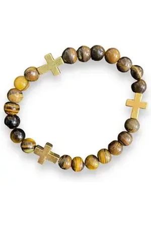 Aaron Bane Perlenarmband Tigerauge Edelstein Armband mit 3 Kreuzen und 21 Perlen (1-tlg)