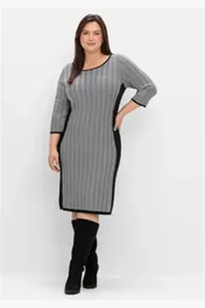 Sheego Strickkleid Große Größen im Fischgrätmuster, mit Kontrastdetails schwarz 46