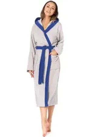 Ladeheid Bademantel Damen Frottee Bademantel aus 100% Baumwolle LA40-191, Langform, Baumwolle, Kapuze blau|grau M