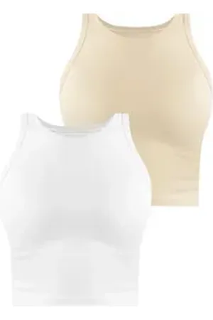 Janice Tanktop 2 x Damen crop Top hochgeschlossen Niah Kurzes Tanktop aus Baumwolle beige|schwarz XL/XXL