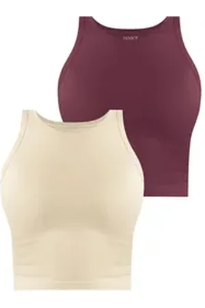 Janice Tanktop 2 x Damen crop Top hochgeschlossen Niah Kurzes Tanktop aus Baumwolle beige|schwarz M/L